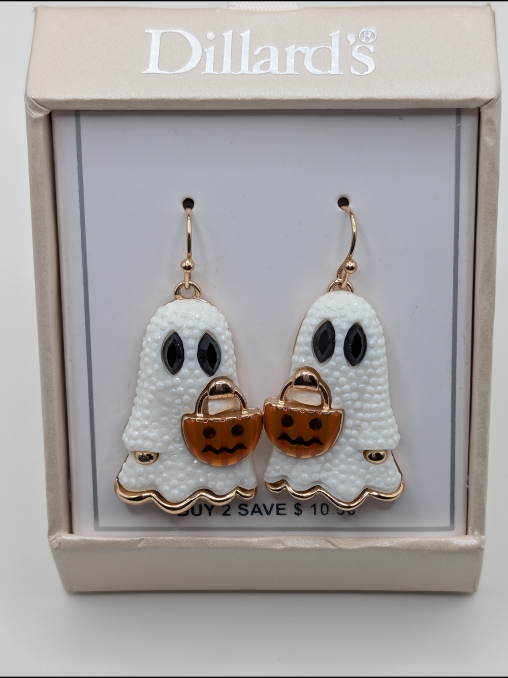 Dillard's White Ghost Halloween Drop Earrings with Orange Pumpkin Buckets